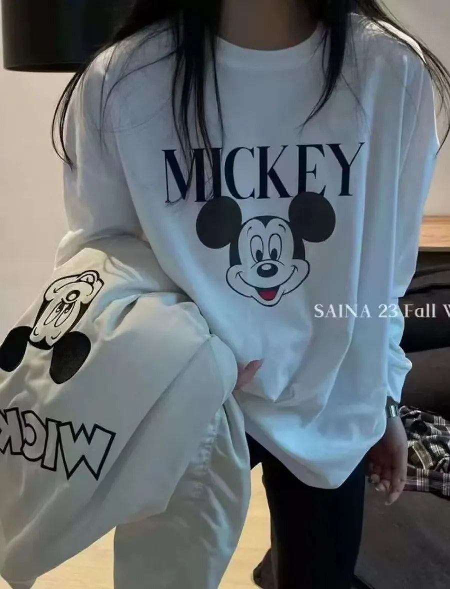 Vinesu A56 - Premium 100% Cotton Long Sleeve Graphic Tee - Cute Cartoon Mouse Print - Loose Fit Spring/Autumn Couple T-shirt in White