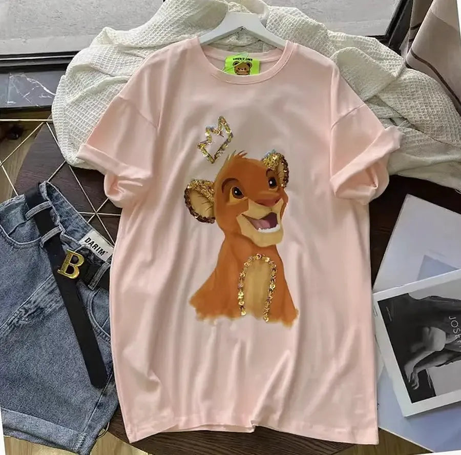 220g Cotton Simba Graphic Tee - Gold Sequin Crown & Ear Embellishments - Unisex