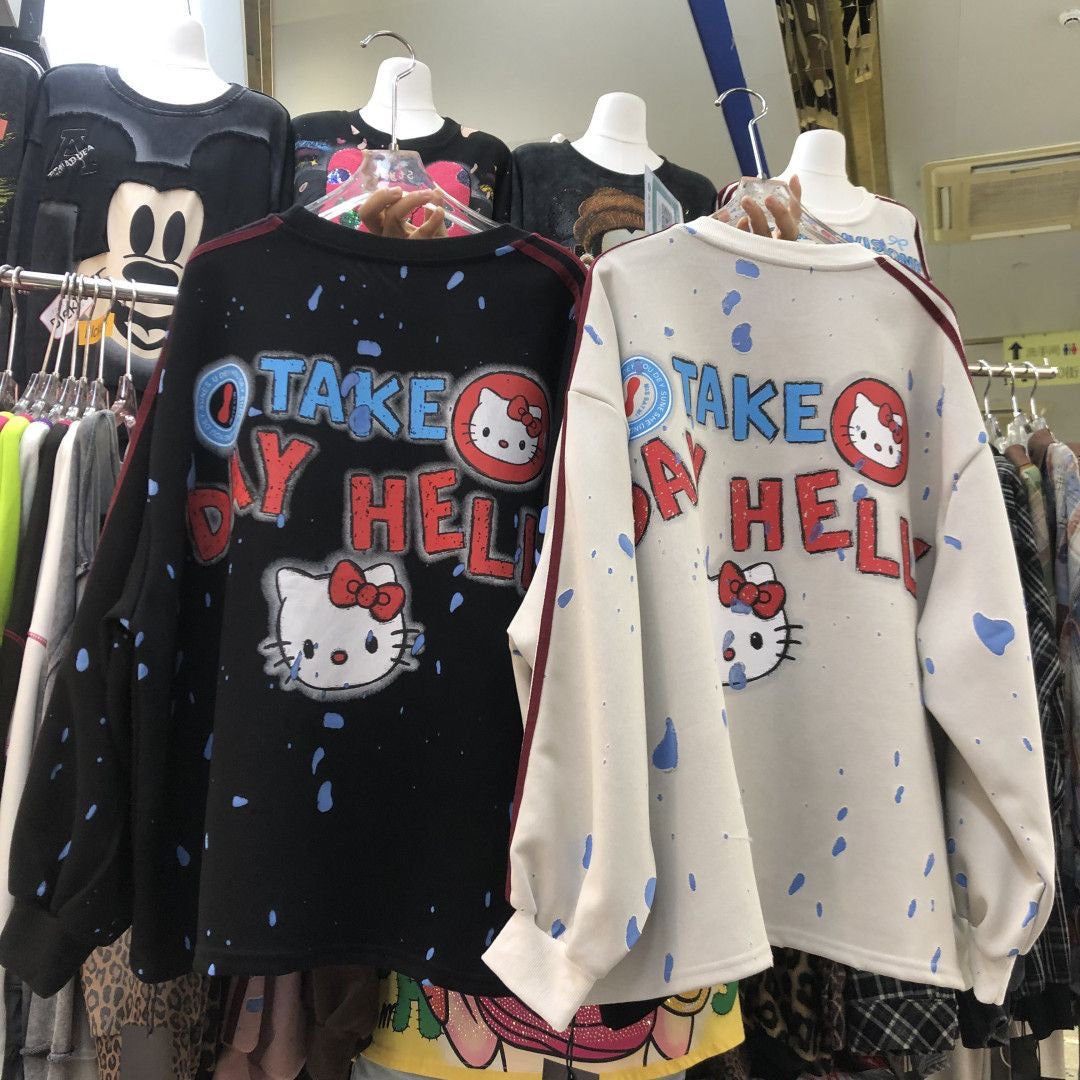 Sequin Embroidered HELLOKITTY Character Lightweight Sweatshirt – Double Side Graphic Crewneck