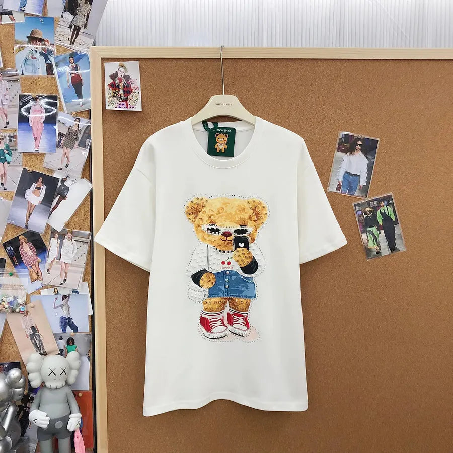 VINESU A18 - Selfie Teddy Bear Print Hand-Beaded Casual T-Shirt