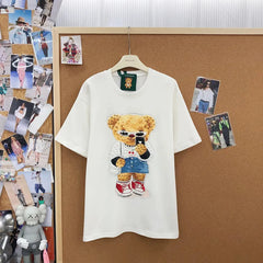VINESU A18 - Selfie Teddy Bear Print Hand-Beaded Casual T-Shirt