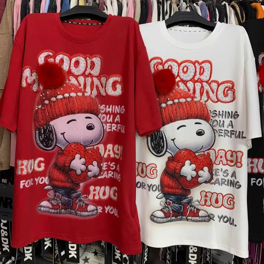 VINESU A47 - Luxury 320g Heavyweight Cotton Snoopy Tee - 3D Pom-Pom & Sequin Embroidery - Unisex Premium Streetwear