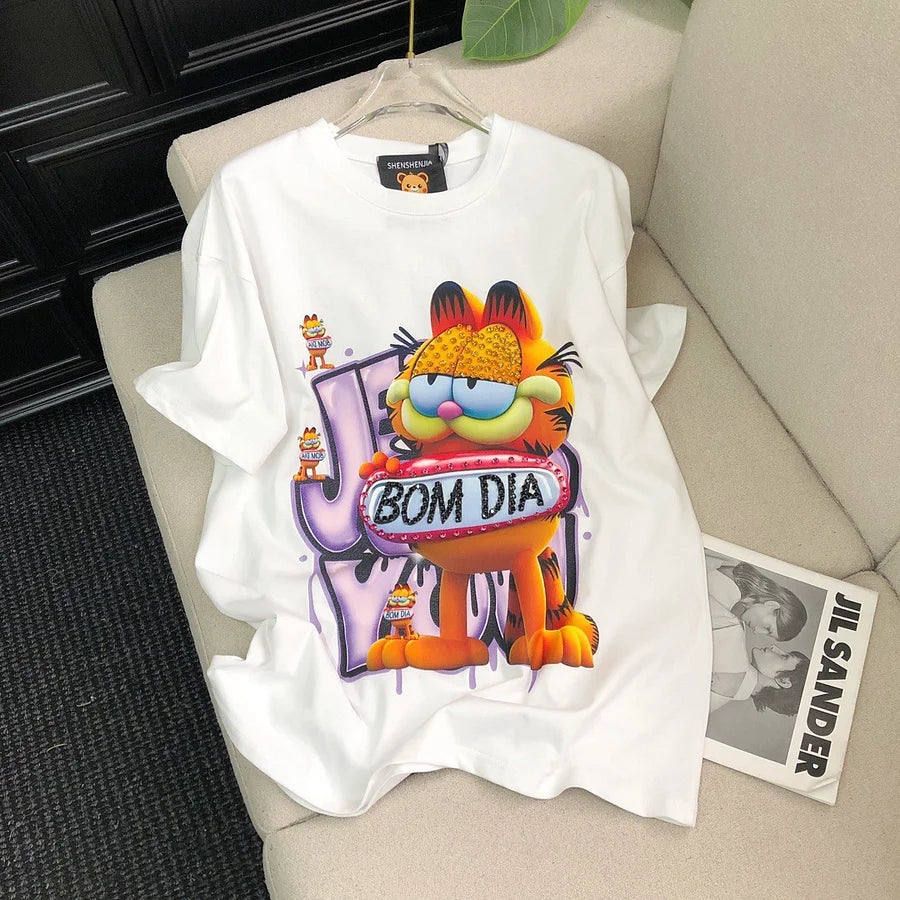 VINESU Rhinestone-Embellished Lazy Cat BOM DIA T-Shirt