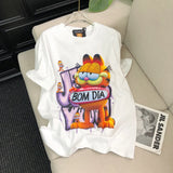 VINESU Rhinestone-Embellished Lazy Cat BOM DIA T-Shirt
