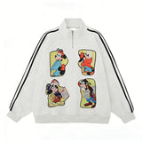 Vinesu A77 - Vintage Mickey-Inspired Half-Zip Sweatshirt | Loose Striped Raglan Top