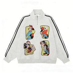 Vinesu A77 - Vintage Mickey-Inspired Half-Zip Sweatshirt | Loose Striped Raglan Top