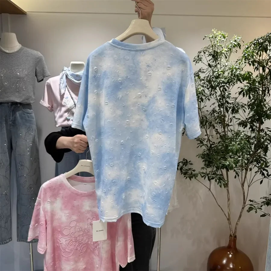 A139 - 2026 New Tie-Dye Cotton T-Shirt: Mickey Mouse Embroidery, Distressed Holes, and Hand-stitched Beadwork Flowers