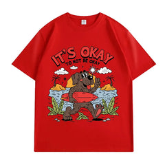 VINESU 100% Cotton T-Shirt: "It's Okay To Not Be Okay" Surfing Dog Cartoon Graphic Print