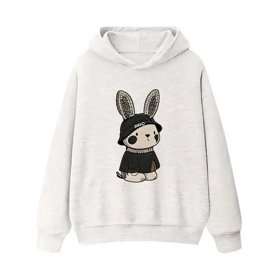 VINESU Cool Bling Bunny Ear Embroidered Hoodie｜3D Embroidery + Rhinestone Ears