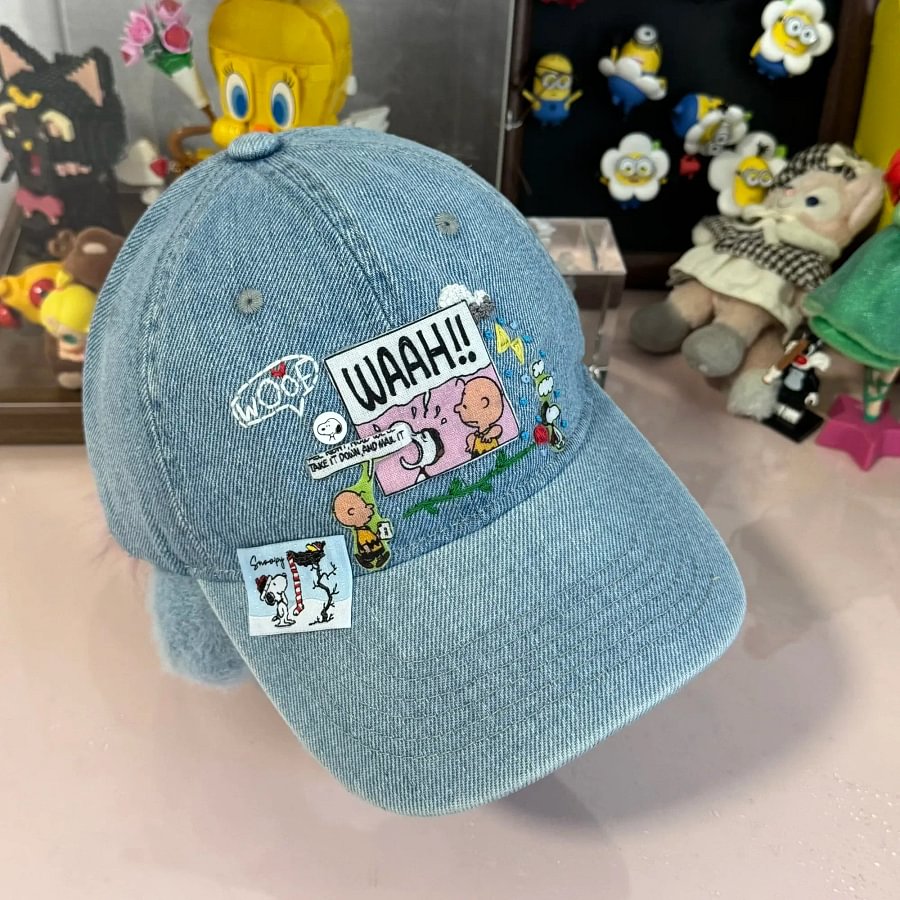 Vinesu H18 - Retro Snoopy Embroidered Baseball Cap - Vintage Washed Denim Comic Patch Hat, Aesthetic Peanuts Cartoon Dad Hat for Men & Women
