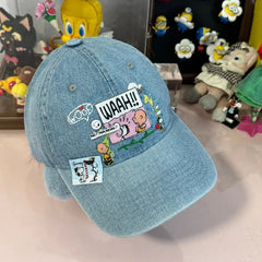 Vinesu H18 - Retro Snoopy Embroidered Baseball Cap - Vintage Washed Denim Comic Patch Hat, Aesthetic Peanuts Cartoon Dad Hat for Men & Women