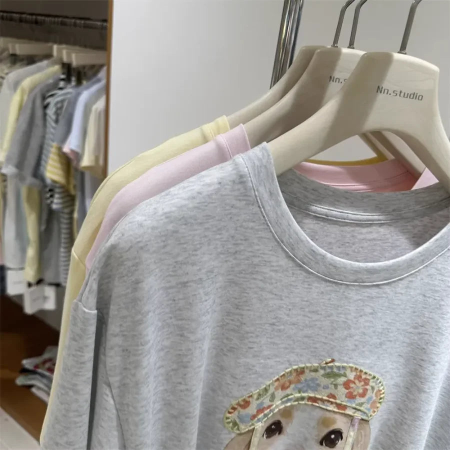 A119 - Vintage French Style Dog Tee - 220g Pure Cotton with Floral Beret Patch & 3D Ribbon Detail