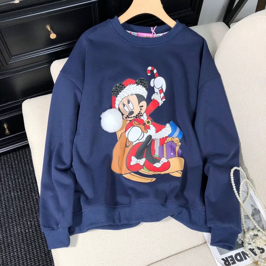 VINESU Christmas MN Cartoon Print Hand-Applied Beads Crewneck Sweatshirt