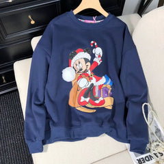 VINESU Christmas MN Cartoon Print Hand-Applied Beads Crewneck Sweatshirt