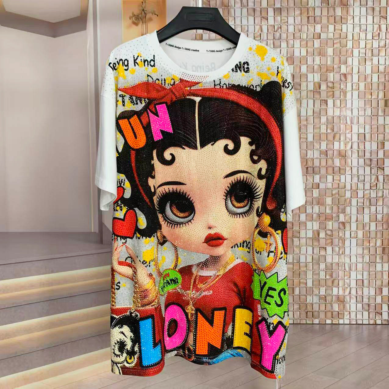A252 - Betty Boop 320G Heavyweight Rhinestone Graphic Tee | Oversized Double-Sided Streetwear T-Shirt