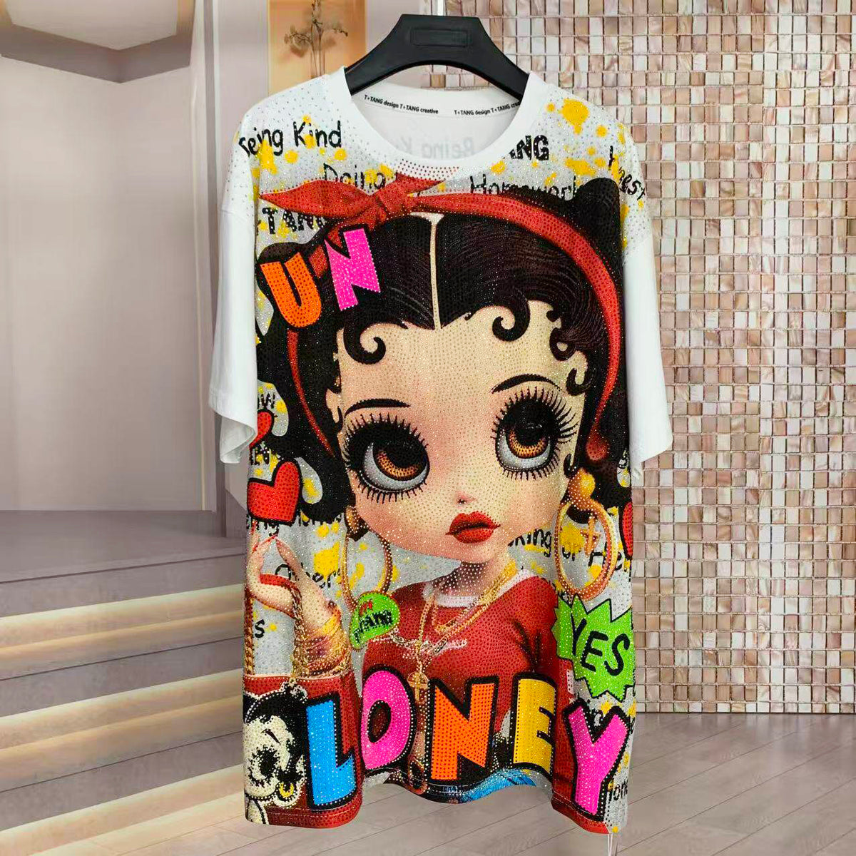 A252 - Betty Boop 320G Heavyweight Rhinestone Graphic Tee | Oversized Double-Sided Streetwear T-Shirt