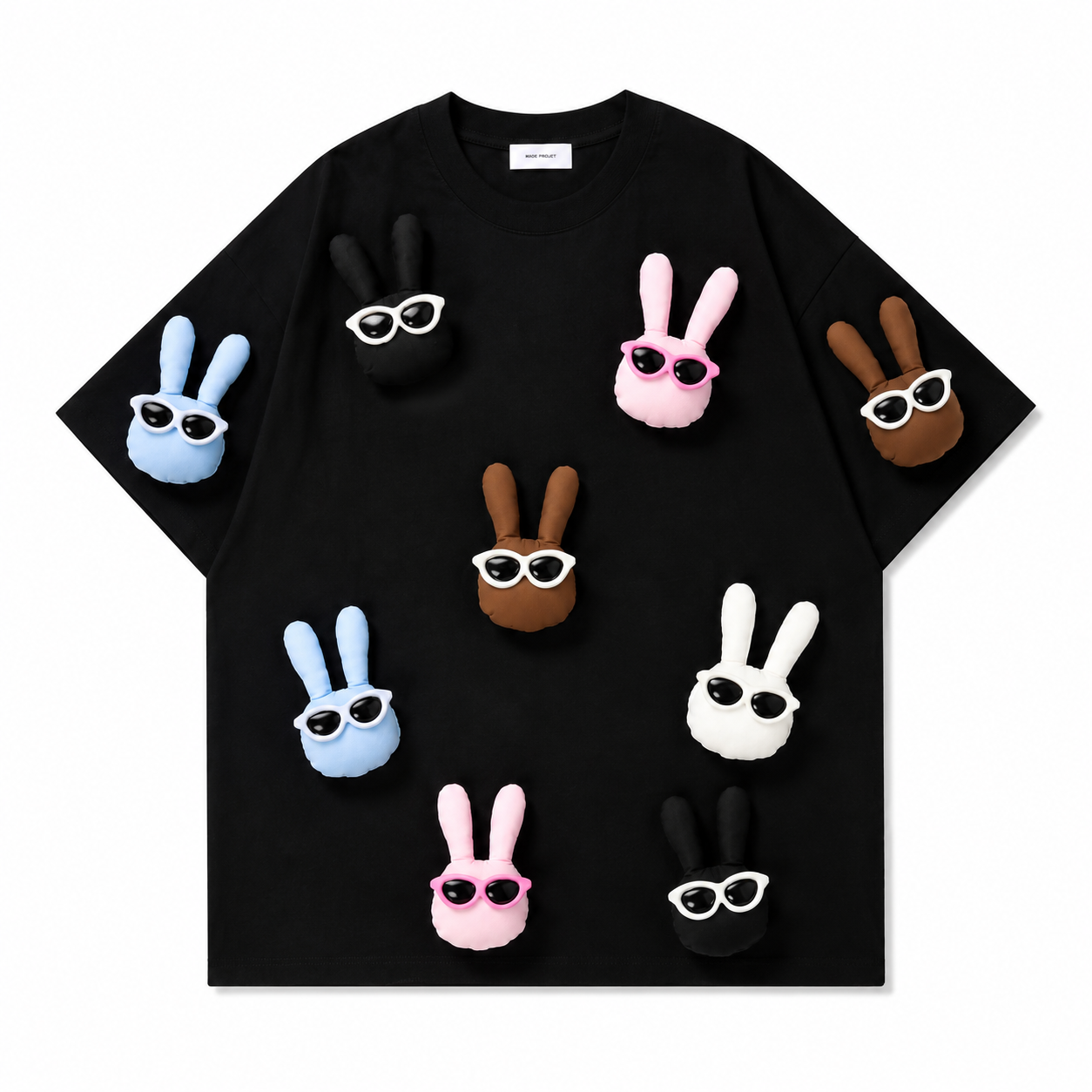 3D handmade bunny appliqués pop strongly on a black base, making every color stand out instantly.
