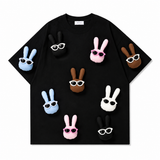 3D handmade bunny appliqués pop strongly on a black base, making every color stand out instantly.
