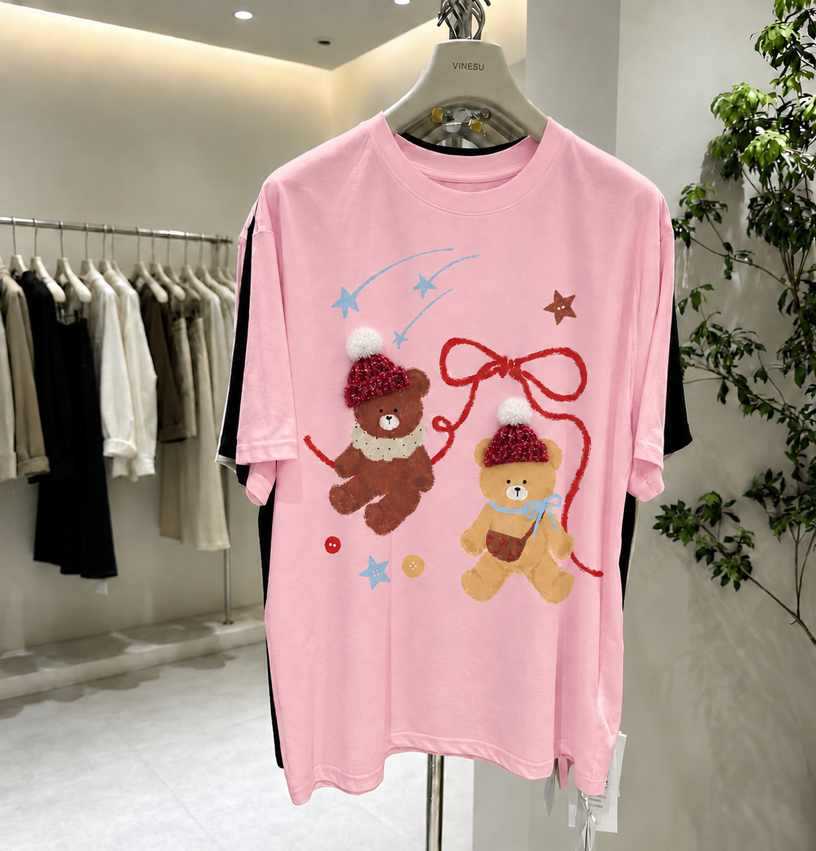 Cute Teddy Bear Cotton Tee with 3D Hat Detail | Relaxed Graphic T-Shirt