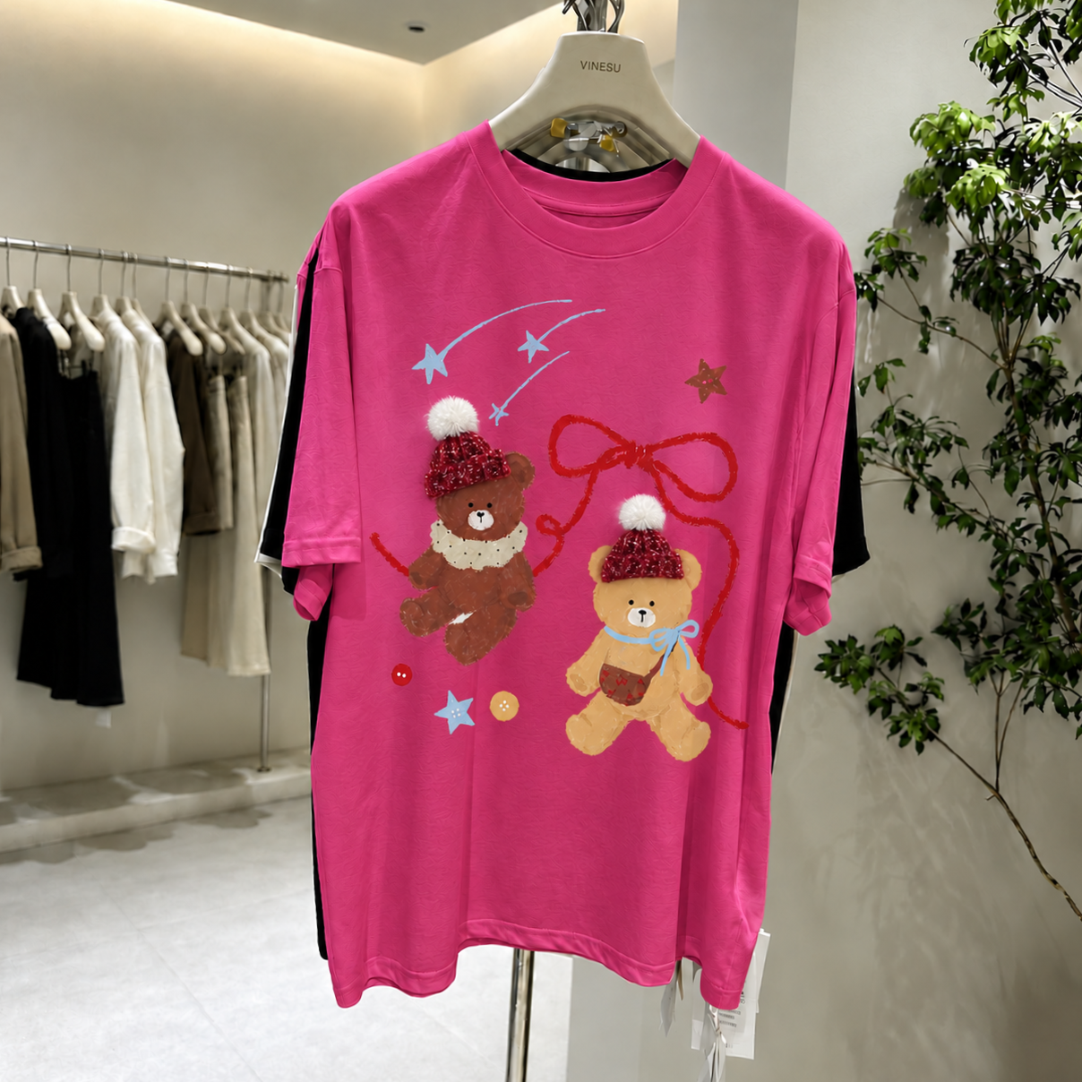 Cute Teddy Bear Cotton Tee with 3D Hat Detail | Relaxed Graphic T-Shirt