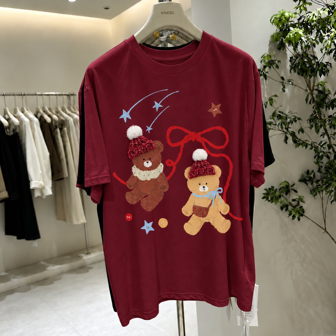 Cute Teddy Bear Cotton Tee with 3D Hat Detail | Relaxed Graphic T-Shirt