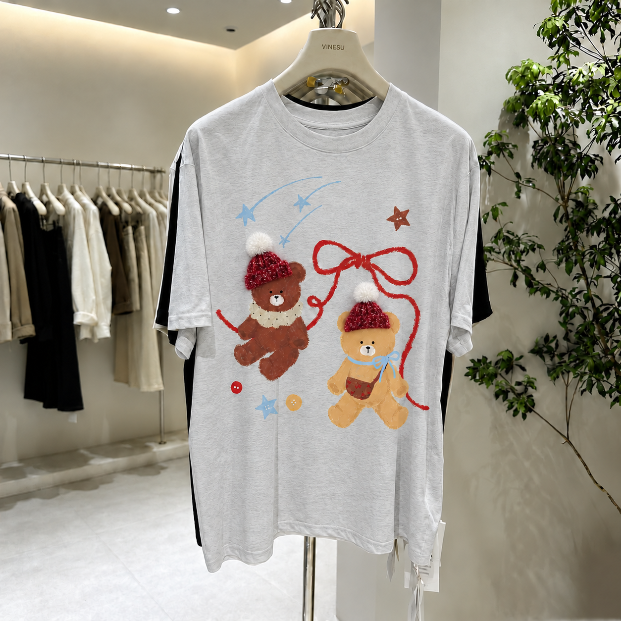 Cute Teddy Bear Cotton Tee with 3D Hat Detail | Relaxed Graphic T-Shirt
