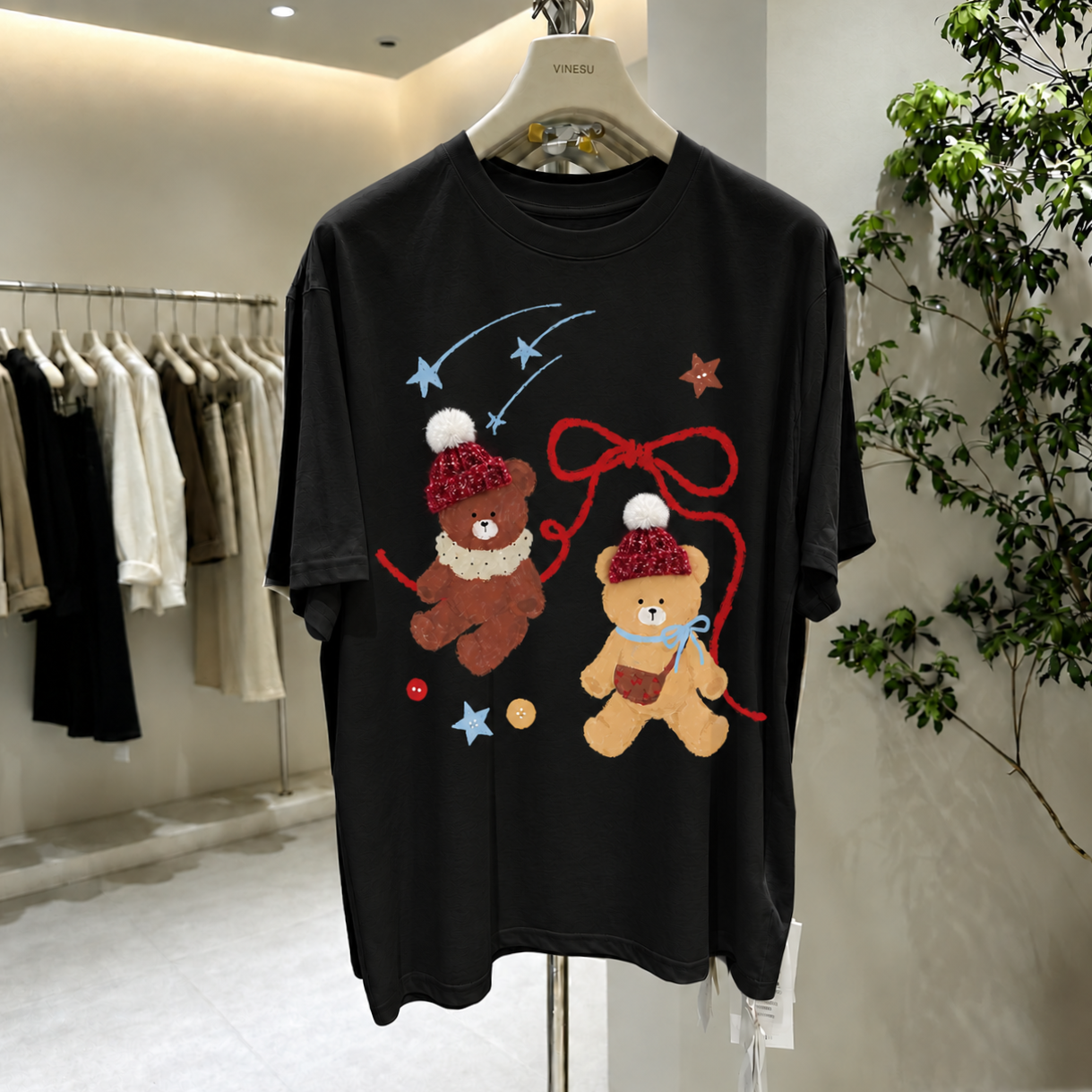 Cute Teddy Bear Cotton Tee with 3D Hat Detail | Relaxed Graphic T-Shirt