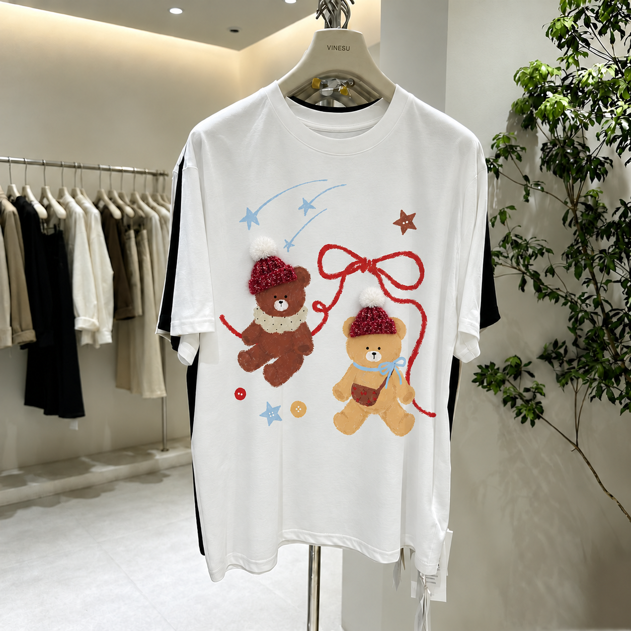 Cute Teddy Bear Cotton Tee with 3D Hat Detail | Relaxed Graphic T-Shirt