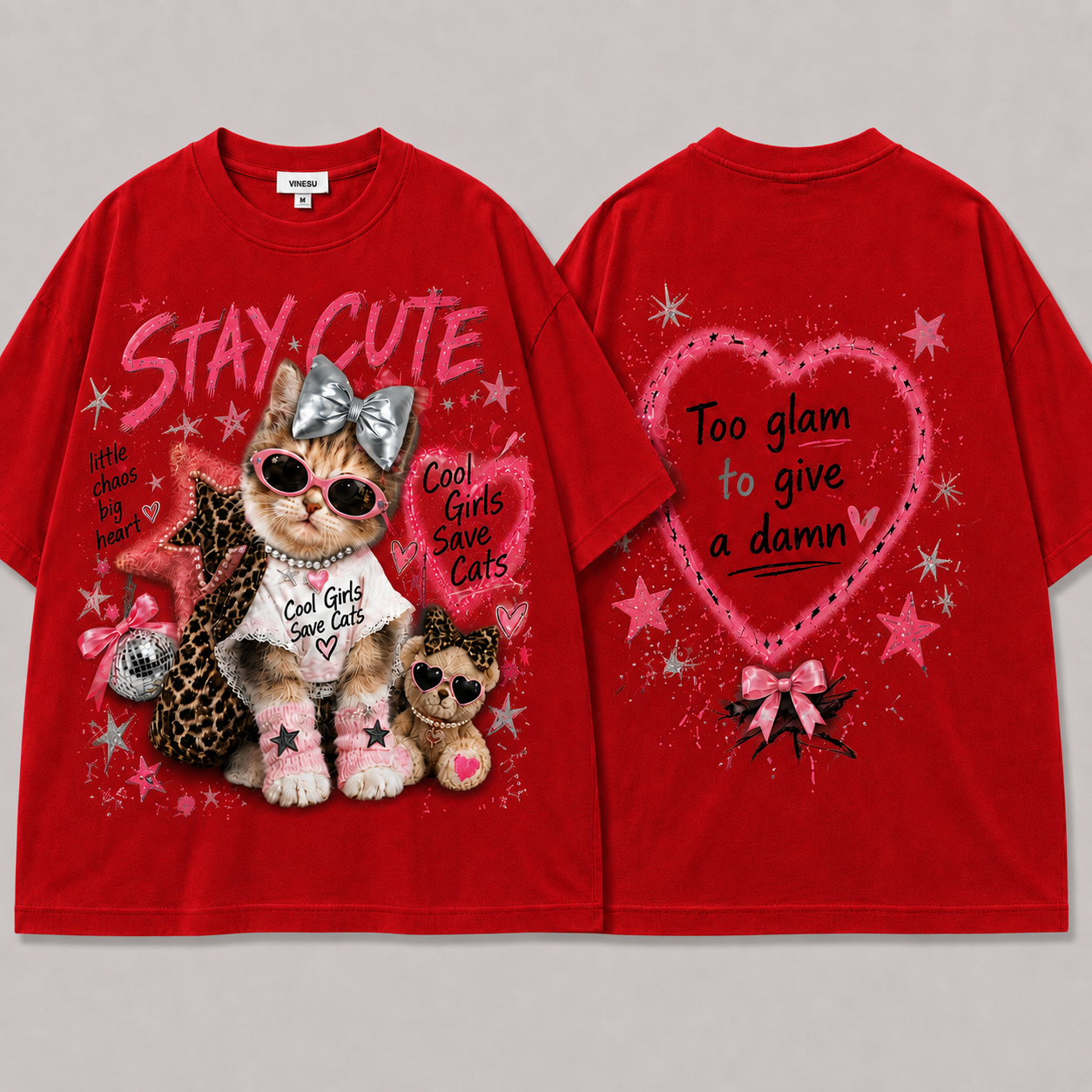 A262 - Cute Cat Graphic Oversized T-Shirt 100% Cotton Tee with 3D Bow Detail & Rhinestone Necklace