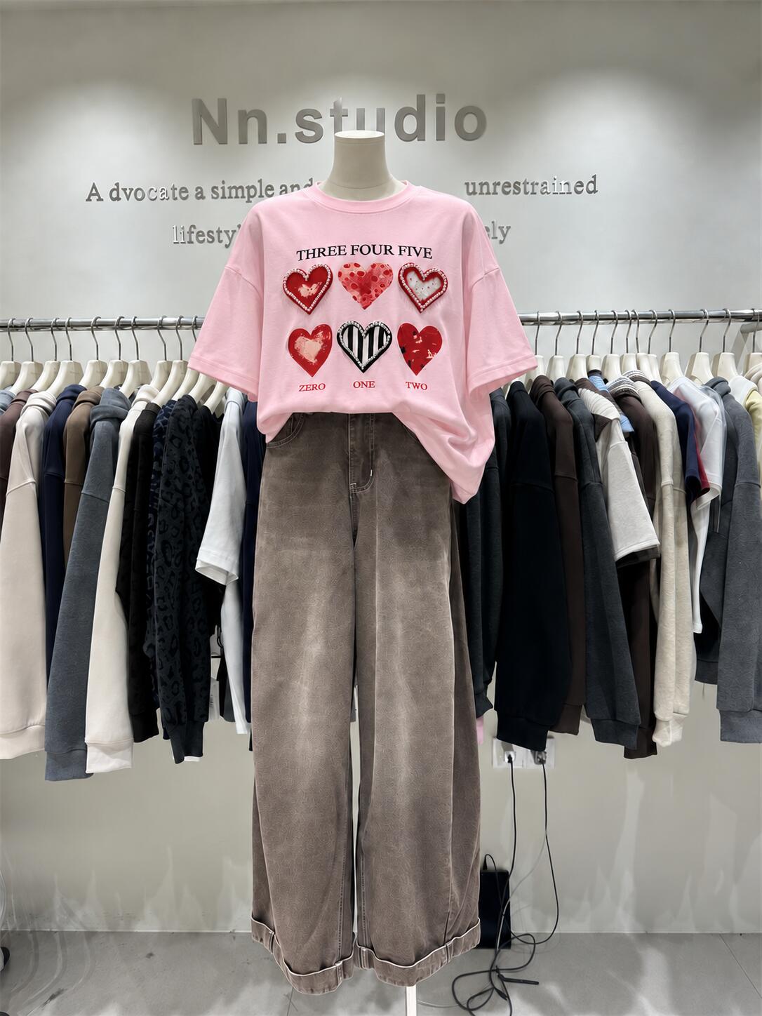 Pearl Heart Graphic Cotton T-Shirt | Oversized Embellished Statement Tee