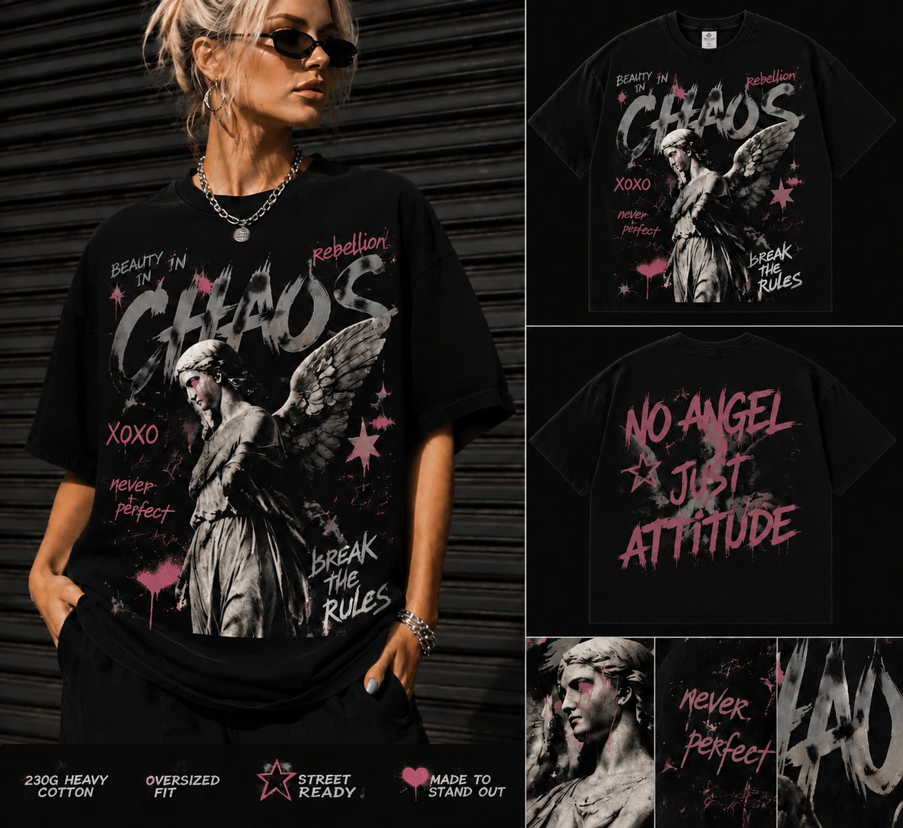 Chaos Angel Front & Back Graphic T-Shirt – 230G Heavyweight Cotton Oversized Grunge Tee