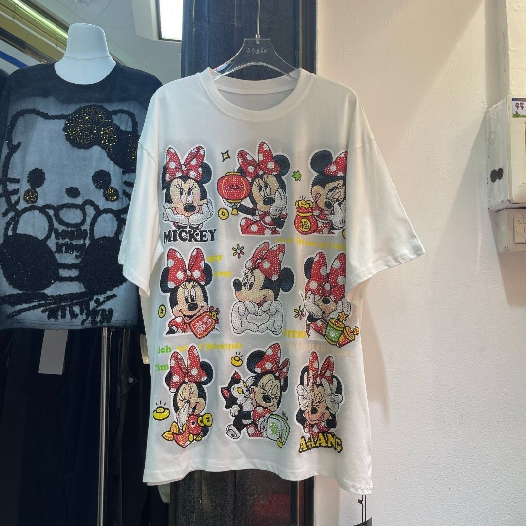 A209 -9 Panel Minnie "Bling" Double-Sided Tee - 320g Ultra-Heavyweight Cotton - Premium Rhinestone Character Streetwear