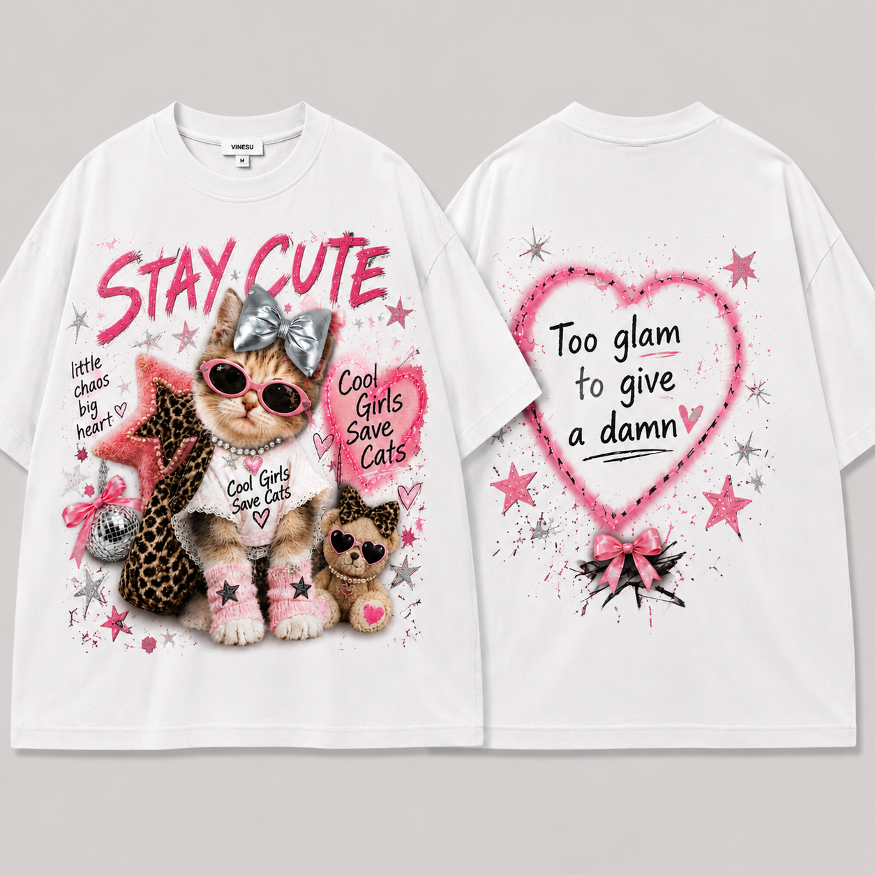 A262 - Cute Cat Graphic Oversized T-Shirt 100% Cotton Tee with 3D Bow Detail & Rhinestone Necklace