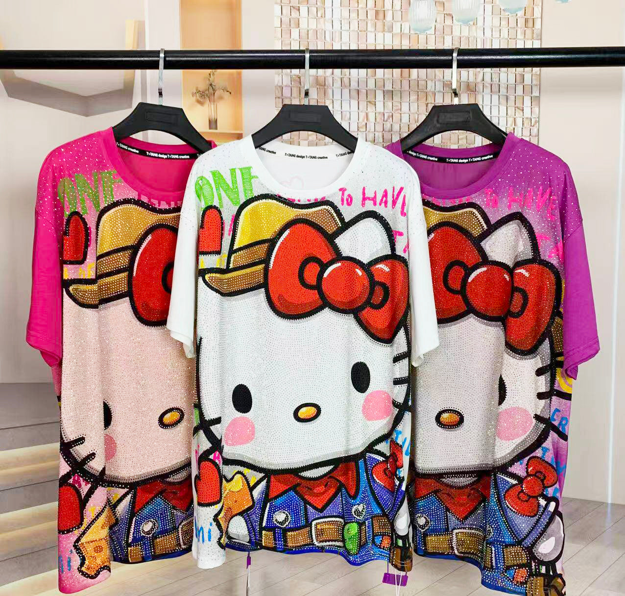 A253 - 320G Heavyweight Hello Kitty Rhinestone Graphic Tee | Oversized Streetwear Cotton T-Shirt