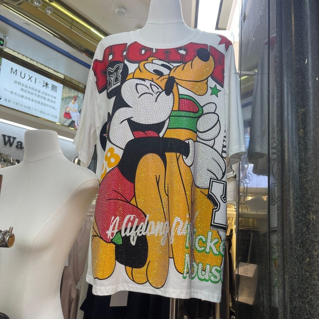 A196 - Oversized Heavyweight 320g Cotton Graphic Tee - Luxury Rhinestone Mickey Streetwear T-Shirt with Double-Sided Print
