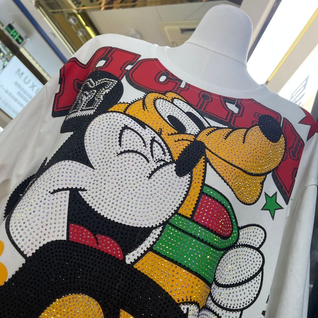 A196 - Oversized Heavyweight 320g Cotton Graphic Tee - Luxury Rhinestone Mickey Streetwear T-Shirt with Double-Sided Print
