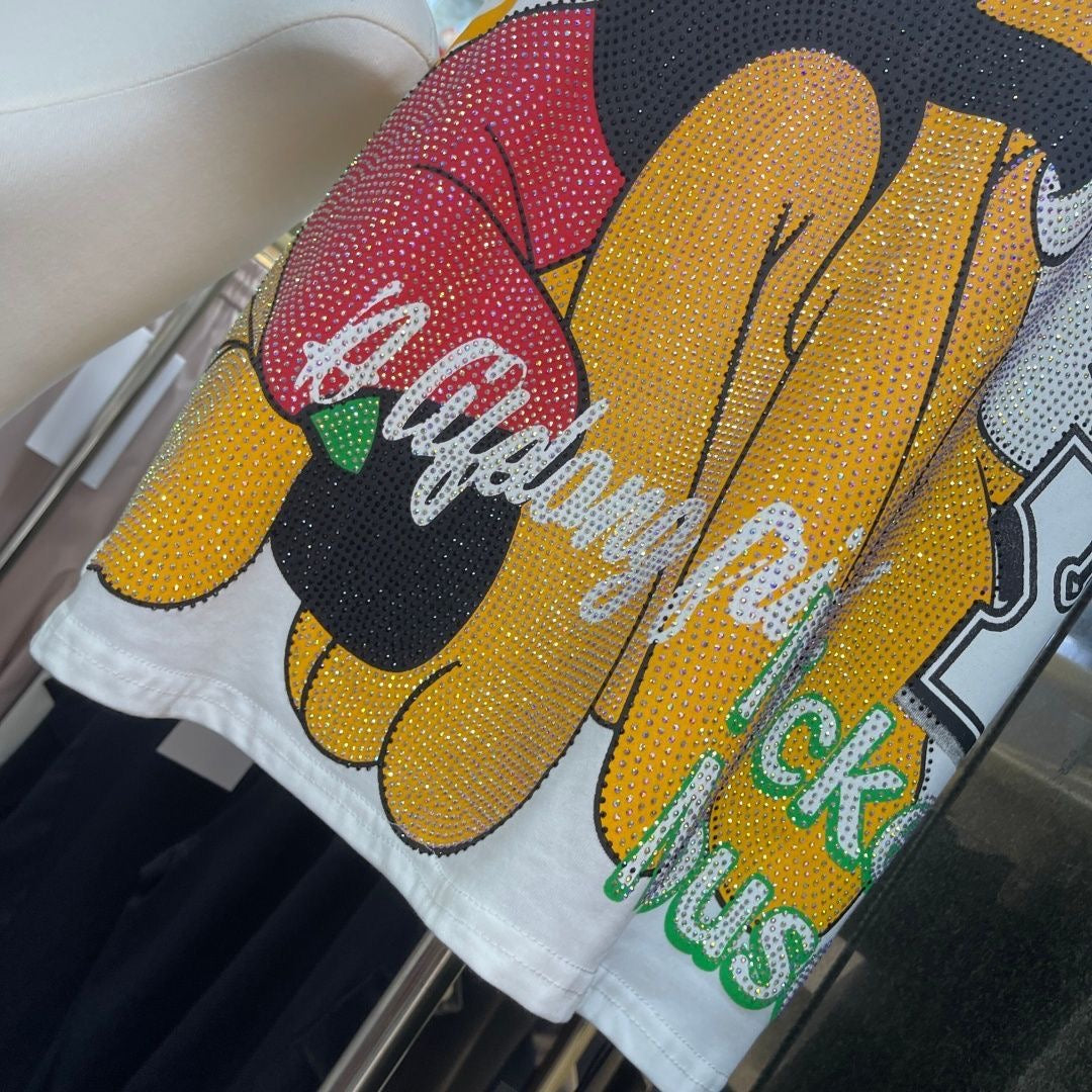 A196 - Oversized Heavyweight 320g Cotton Graphic Tee - Luxury Rhinestone Mickey Streetwear T-Shirt with Double-Sided Print