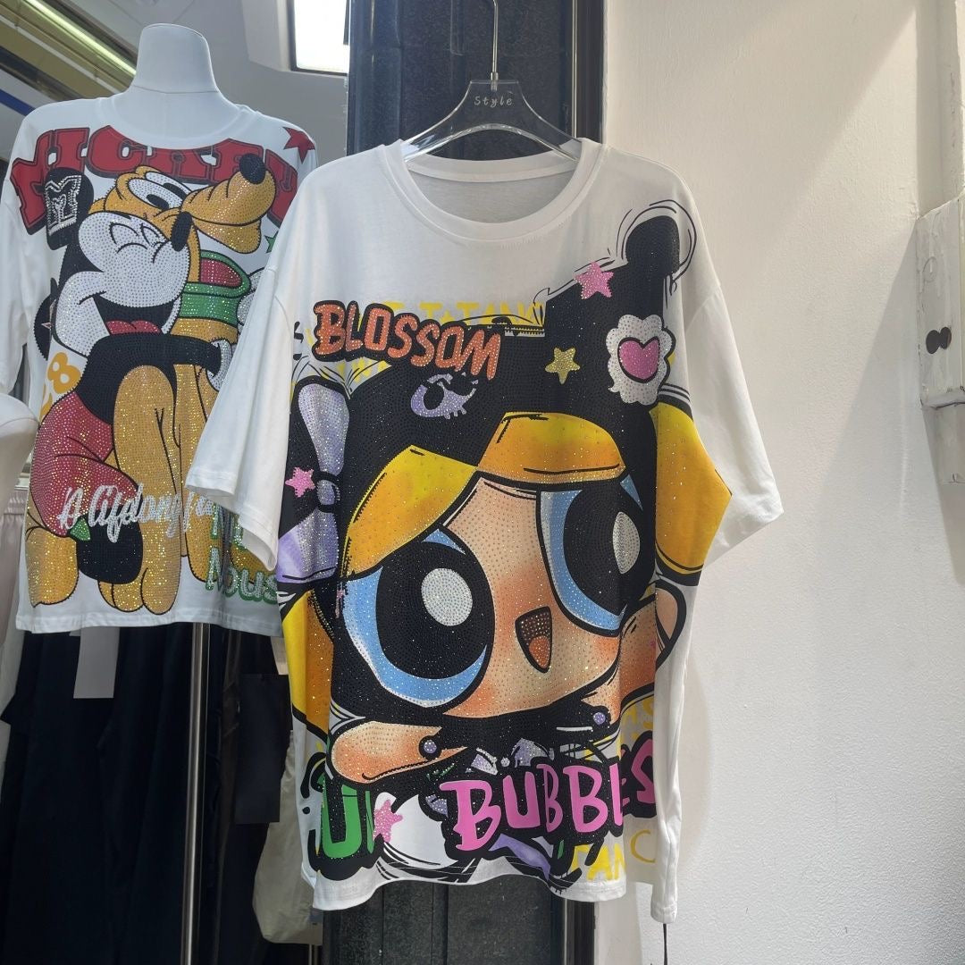 A197 - Heavyweight 320g Cotton Graphic Tee - Luxury Rhinestone Y2K Cartoon Streetwear with Double-Sided Print