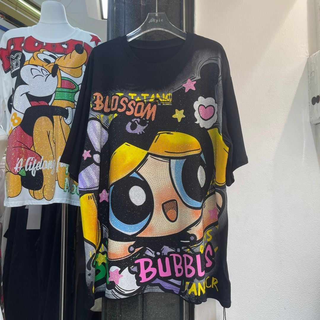 A197 - Heavyweight 320g Cotton Graphic Tee - Luxury Rhinestone Y2K Cartoon Streetwear with Double-Sided Print