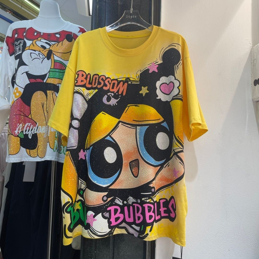 A197 - Heavyweight 320g Cotton Graphic Tee - Luxury Rhinestone Y2K Cartoon Streetwear with Double-Sided Print