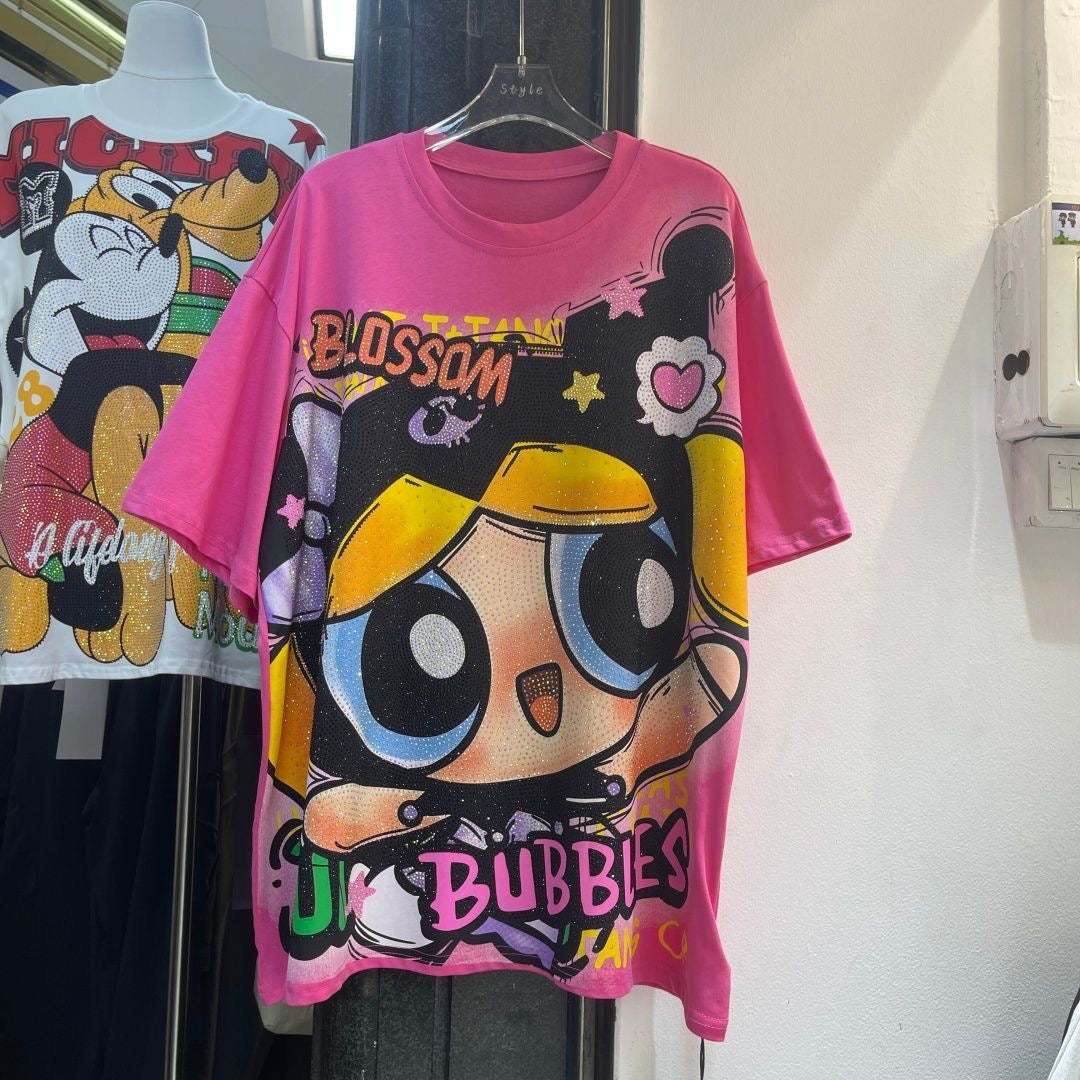 A197 - Heavyweight 320g Cotton Graphic Tee - Luxury Rhinestone Y2K Cartoon Streetwear with Double-Sided Print