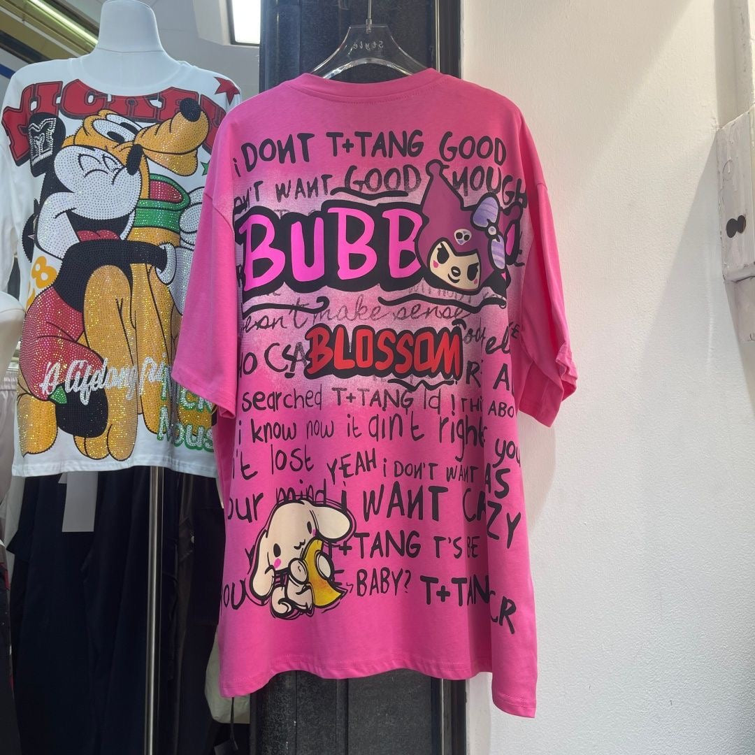 A197 - Heavyweight 320g Cotton Graphic Tee - Luxury Rhinestone Y2K Cartoon Streetwear with Double-Sided Print
