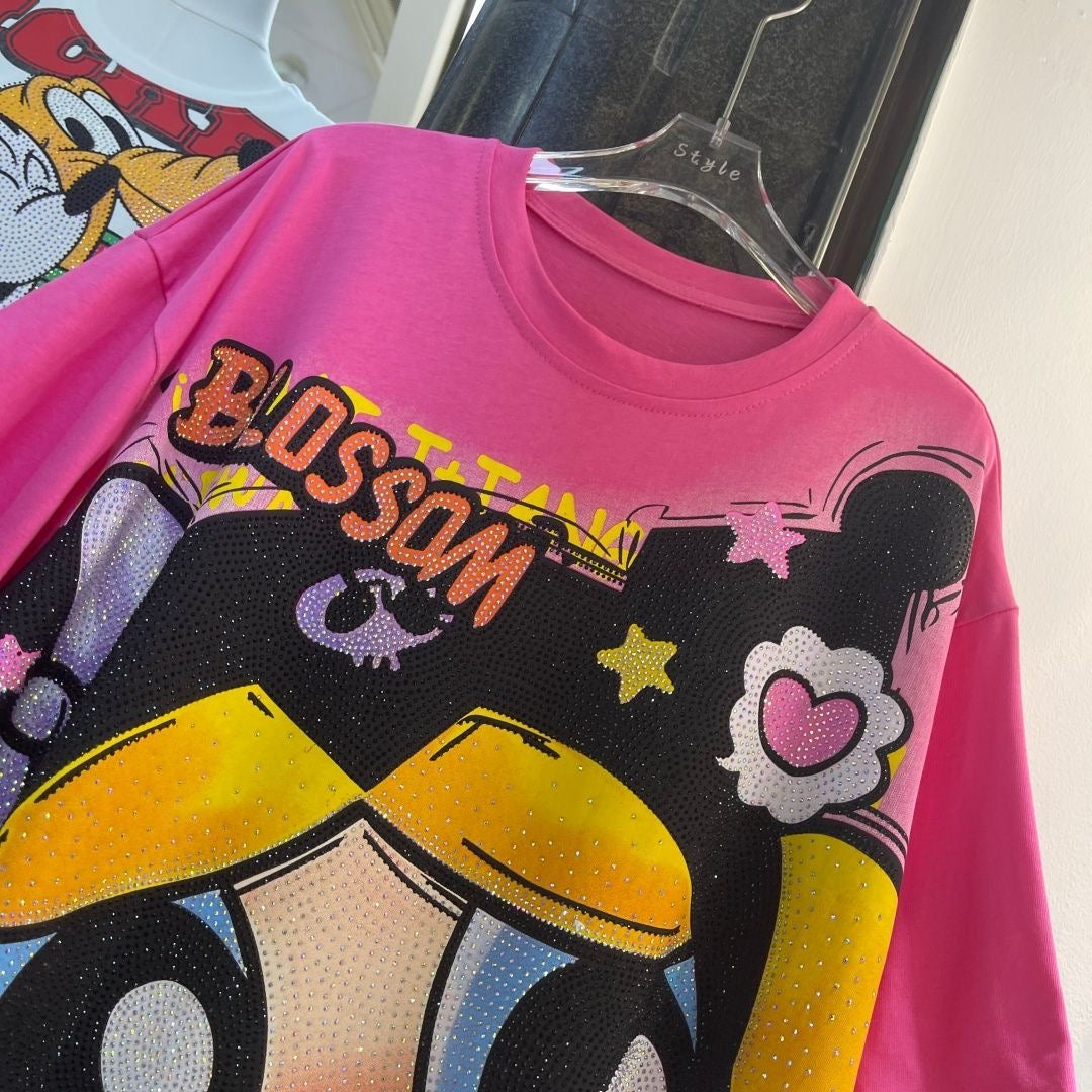 A197 - Heavyweight 320g Cotton Graphic Tee - Luxury Rhinestone Y2K Cartoon Streetwear with Double-Sided Print