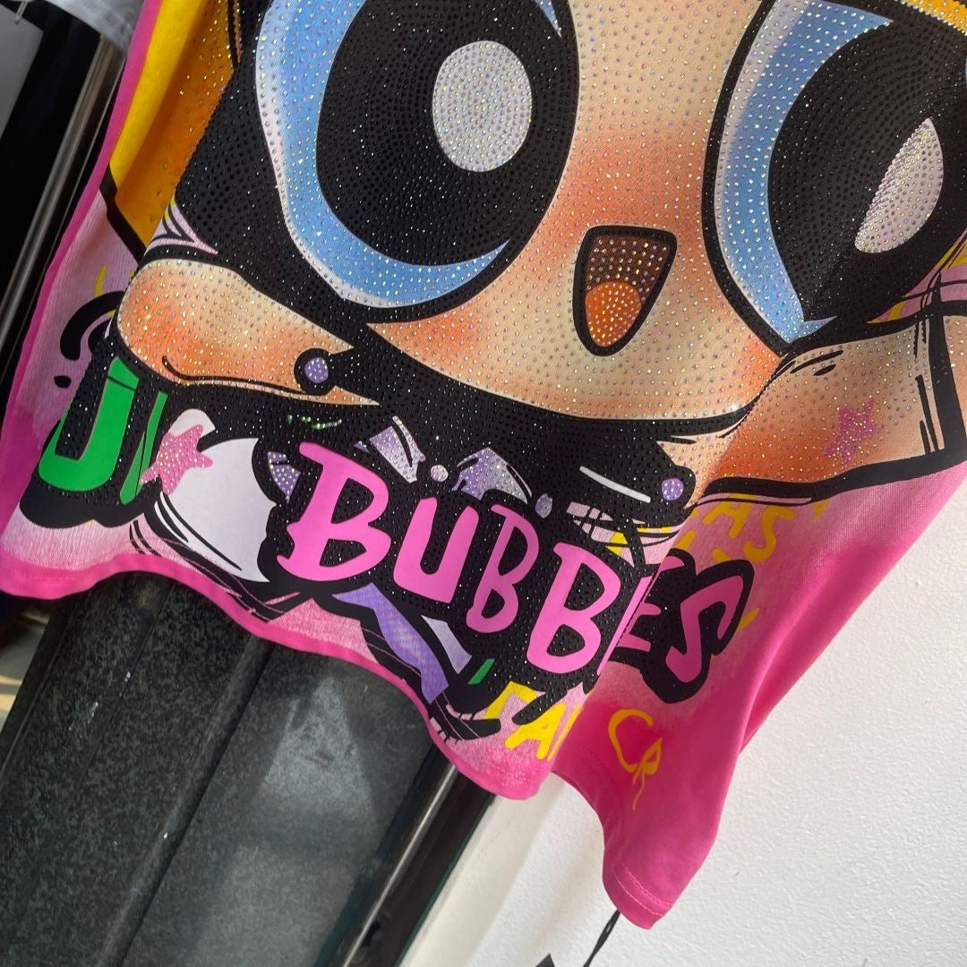 A197 - Heavyweight 320g Cotton Graphic Tee - Luxury Rhinestone Y2K Cartoon Streetwear with Double-Sided Print