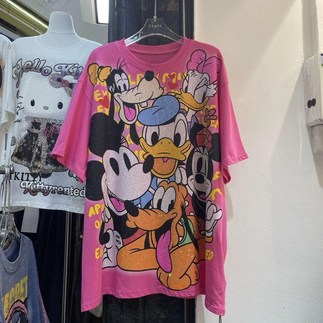 A198 - Luxury Heavyweight 320g Cotton Graphic Tee - Rhinestone Mickey & Friends Streetwear T-Shirt with Double-Sided Print