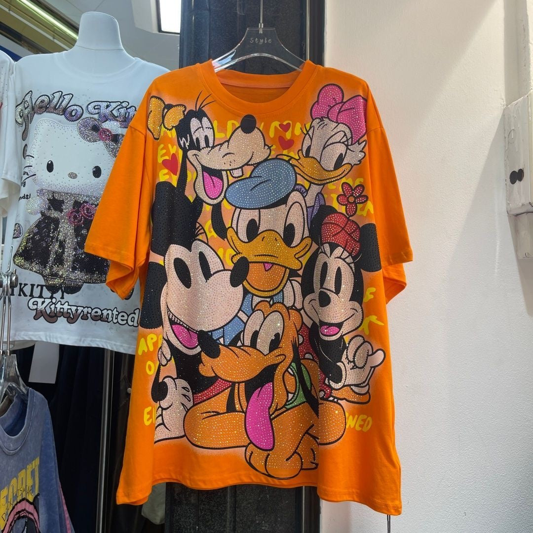 A198 - Luxury Heavyweight 320g Cotton Graphic Tee - Rhinestone Mickey & Friends Streetwear T-Shirt with Double-Sided Print