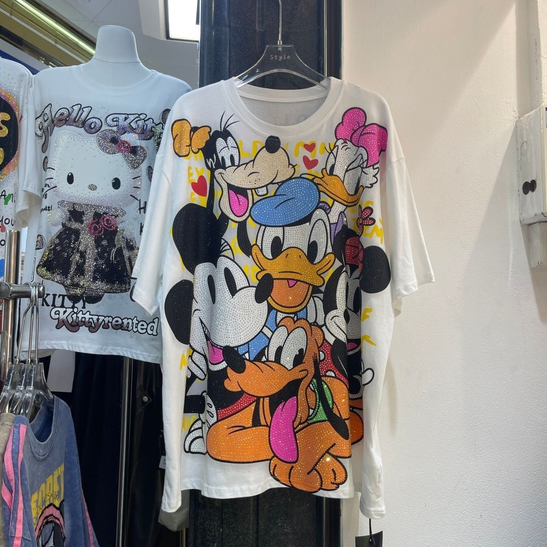 A198 - Luxury Heavyweight 320g Cotton Graphic Tee - Rhinestone Mickey & Friends Streetwear T-Shirt with Double-Sided Print