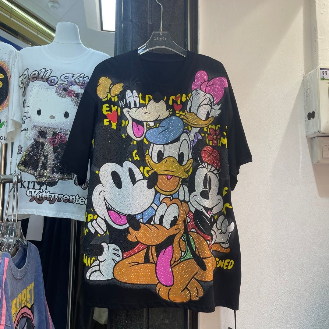 A198 - Luxury Heavyweight 320g Cotton Graphic Tee - Rhinestone Mickey & Friends Streetwear T-Shirt with Double-Sided Print