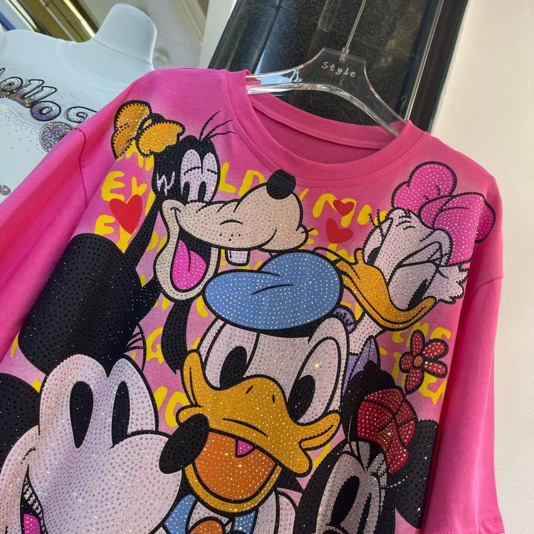 A198 - Luxury Heavyweight 320g Cotton Graphic Tee - Rhinestone Mickey & Friends Streetwear T-Shirt with Double-Sided Print