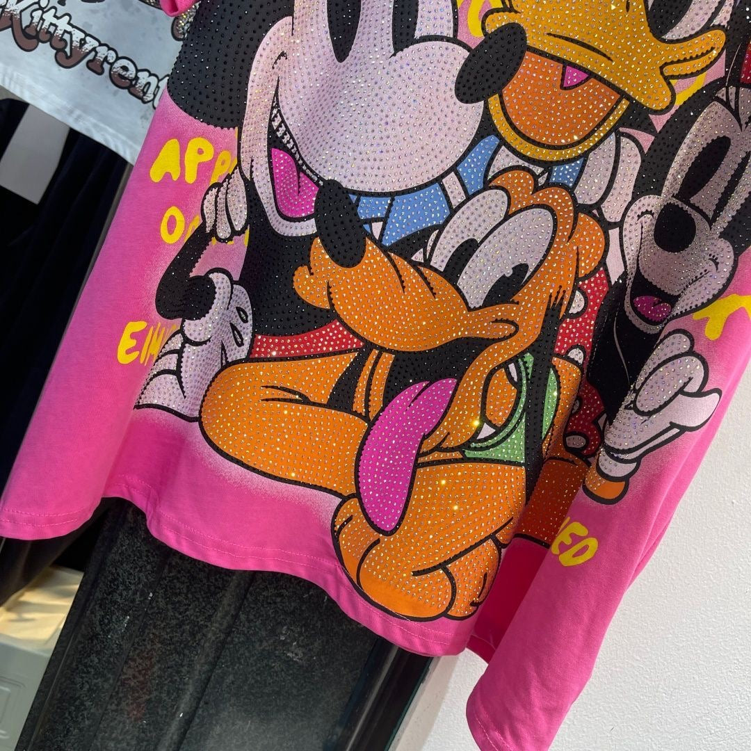 A198 - Luxury Heavyweight 320g Cotton Graphic Tee - Rhinestone Mickey & Friends Streetwear T-Shirt with Double-Sided Print